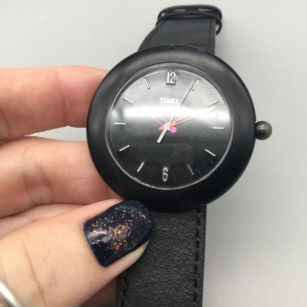 Timex Mens Watch 44mm Black Dial Black Leather Strap Neon Hands New Battery
